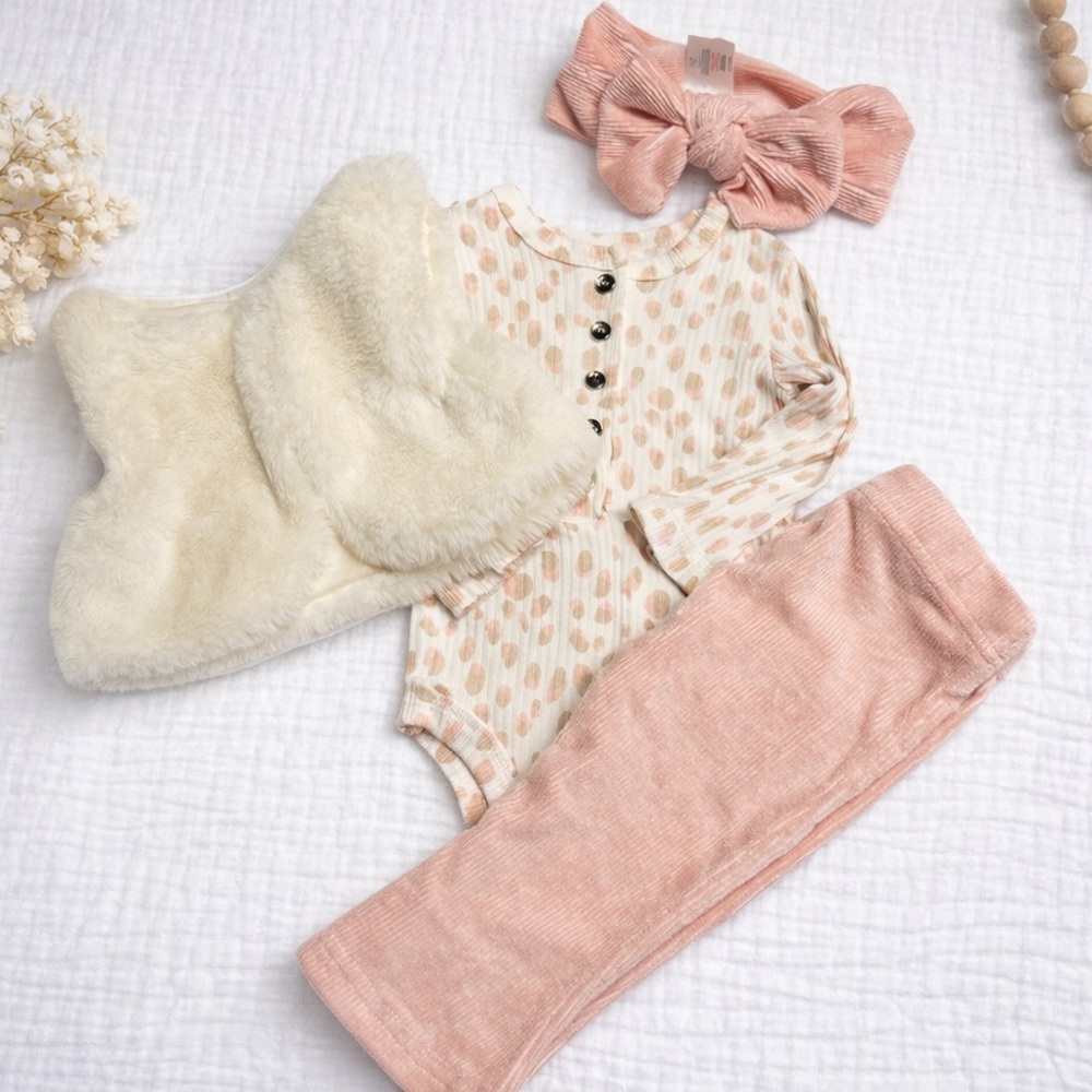 4 pc Rachel Zoe glamorous baby girl onesie, pants, fur vest, & headband. 3-6mo